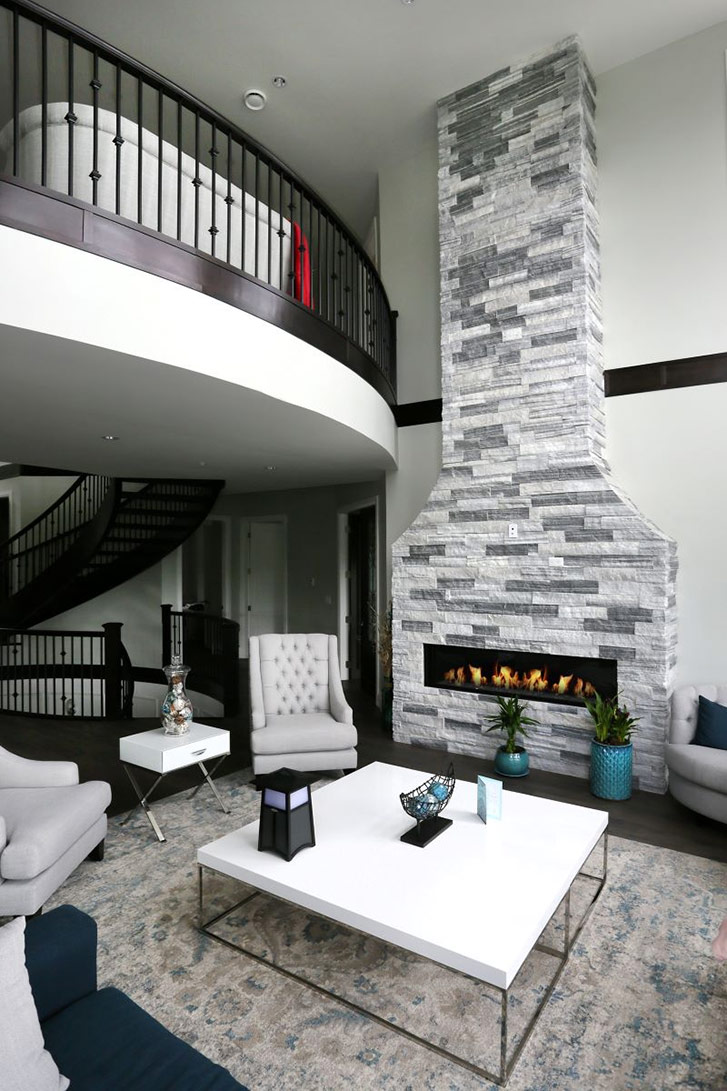 Indoor stone fireplace