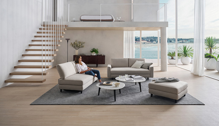 The delta sofa is off-white with a modular design