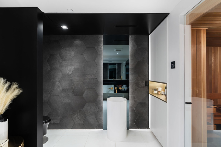 Black, white, and grey spa and bathroom space