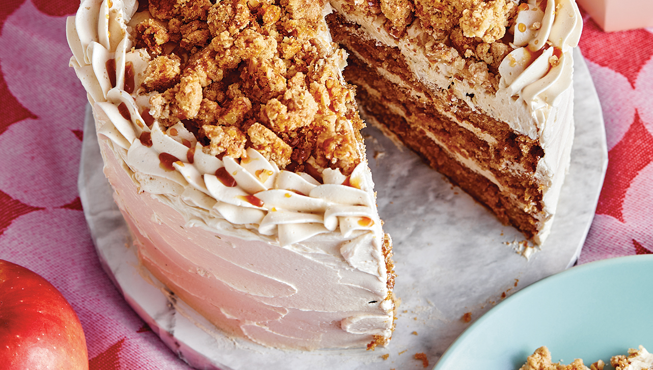Apple Caramel Cake with Oatmeal Cookie Crumble