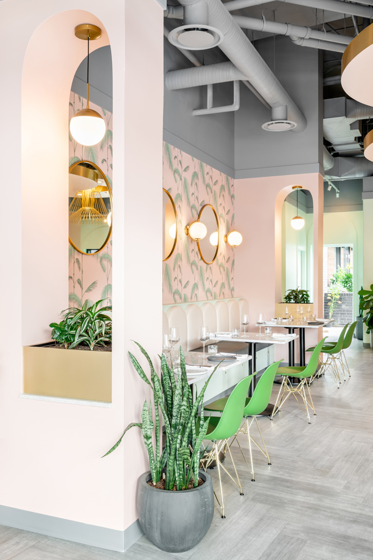 Restaurant with plants and pink walls