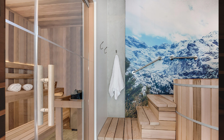 inside a sauna and cold plunge room