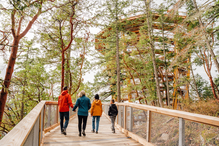 A family walking up the wooden skywalk