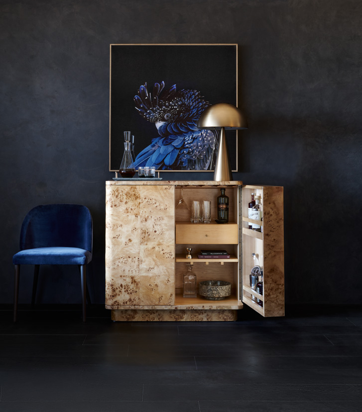 Mota bar cabinet with light brown burled wood and rounded corners