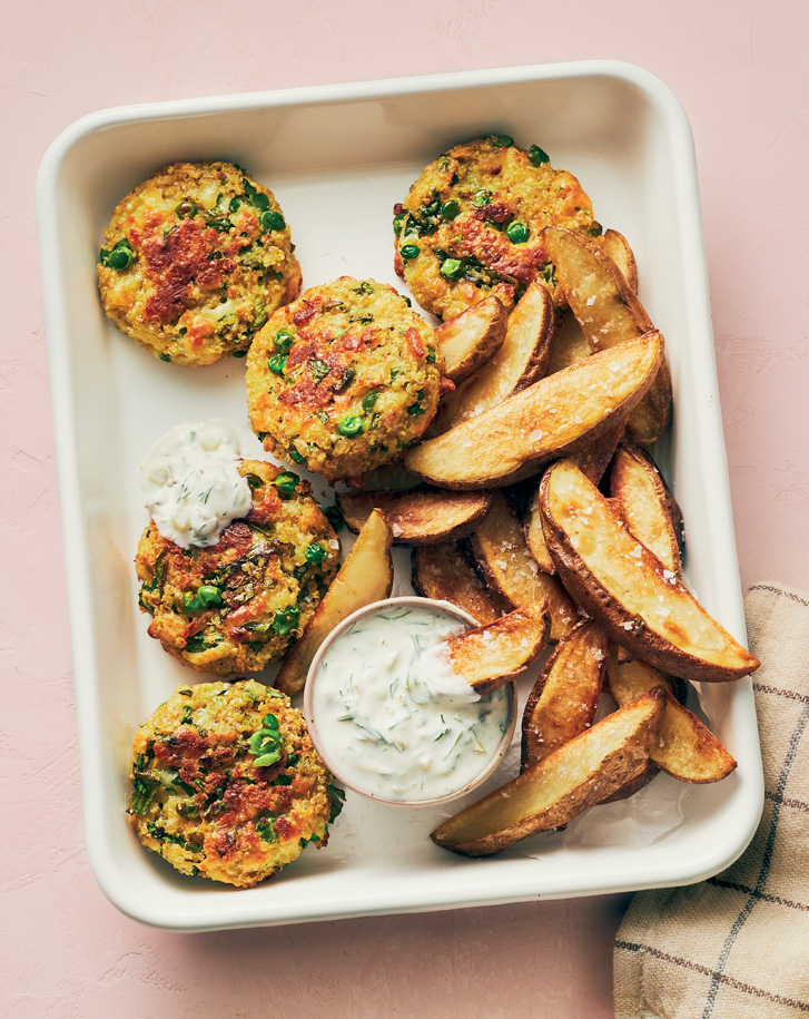 pea fritters and fries displayed on a sheet pan