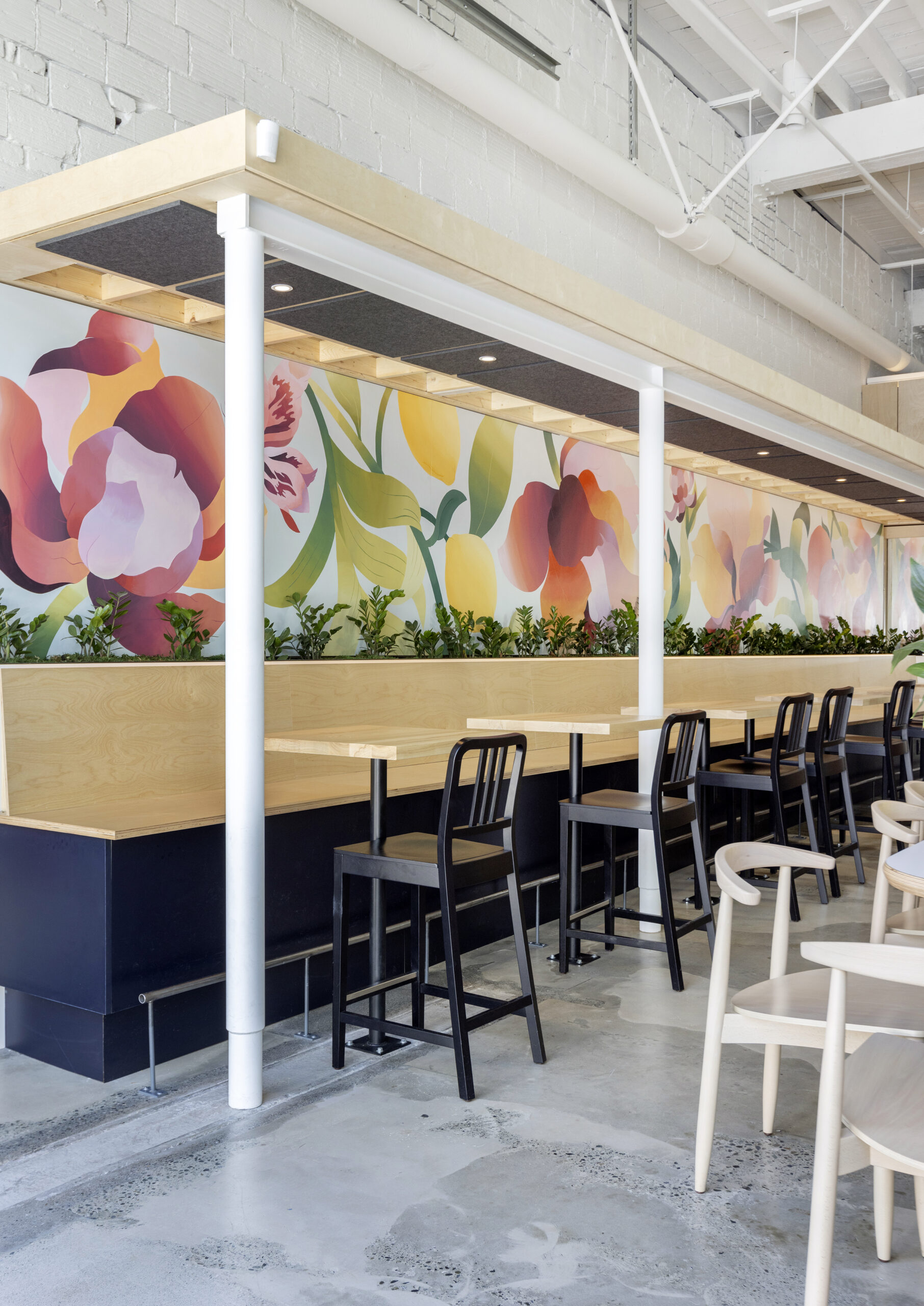Modern and airy tasting room interior with natural wood furniture, vibrant floral mural, and abundant greenery in planters, showcasing a blend of minimalist design and botanical accents.