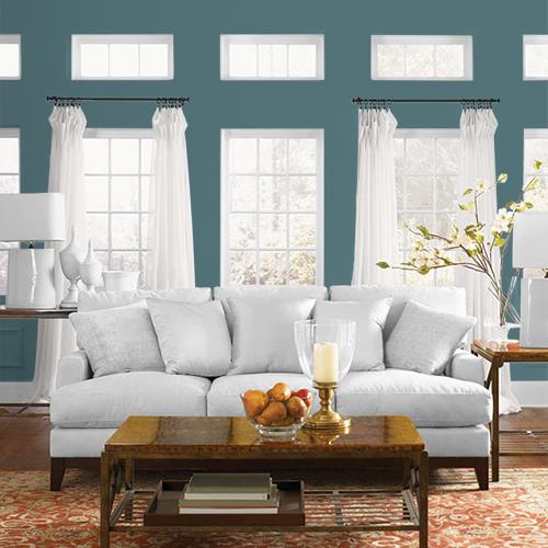 a living room painted in a serene blue colour