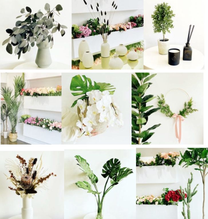 a grid of fake flowers and plants