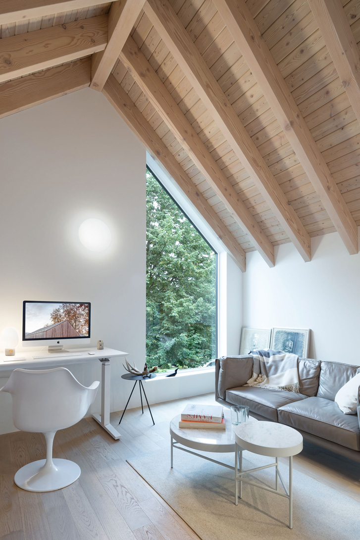 home office with vaulted ceiling