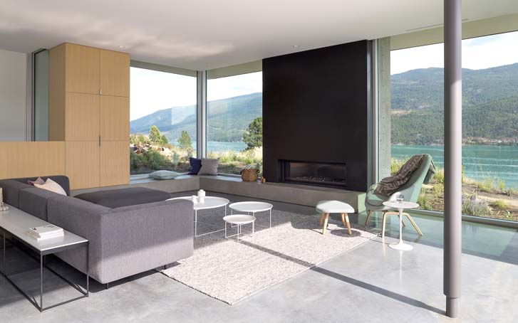 Modern living room with lake view