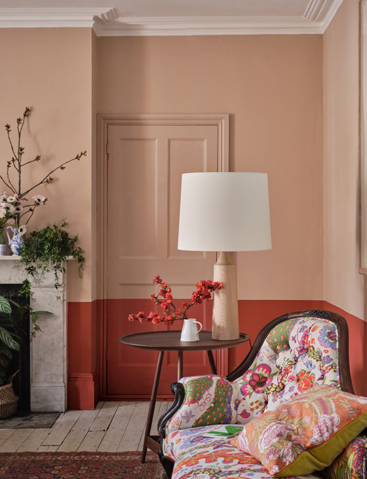 a room painted in two shades of pink