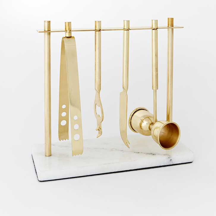 West Elm Deco barware collection in brass and marble