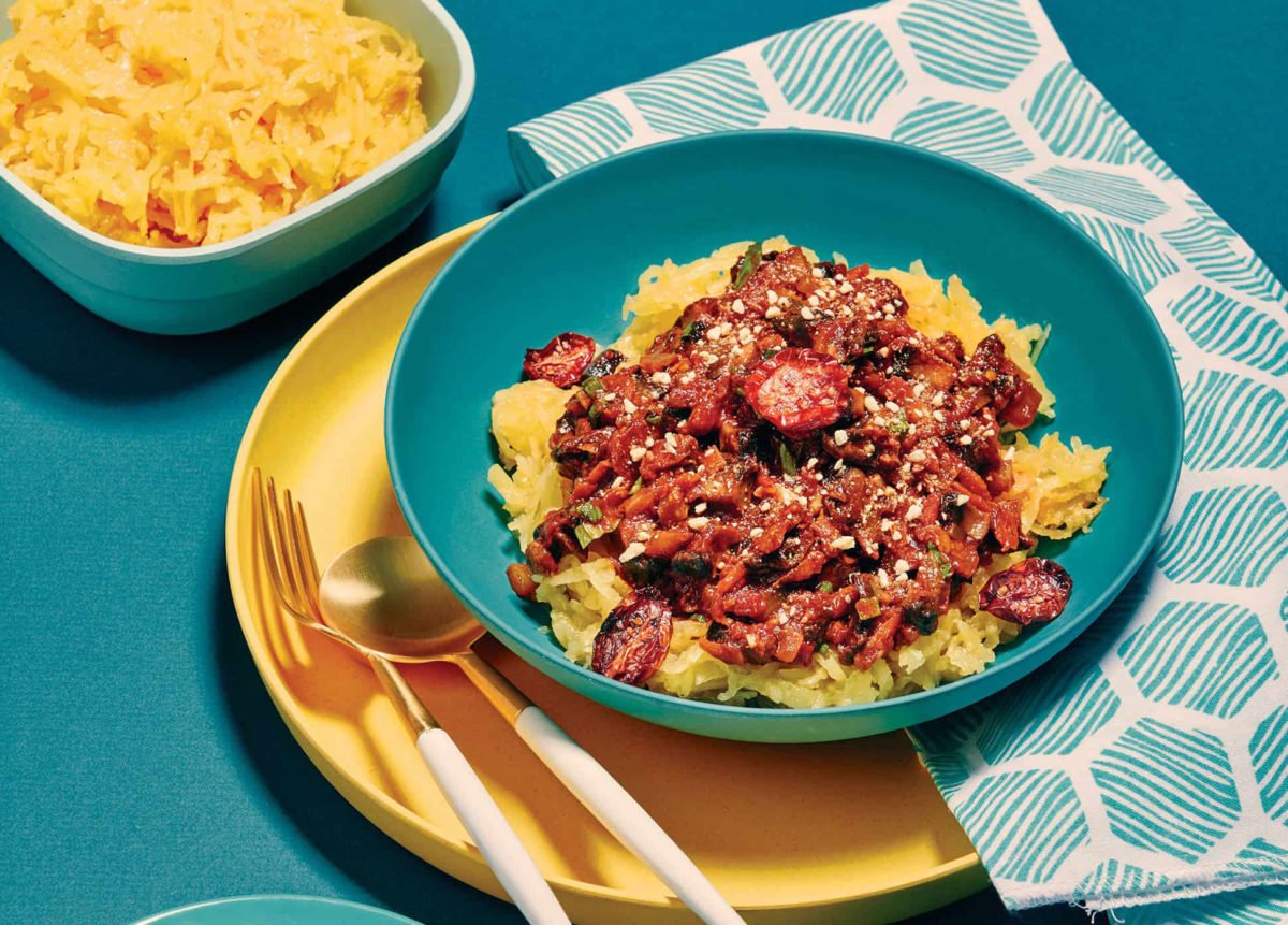 Recipe Mushroom Bolognese on Spaghetti Squash with OvenRoasted Tomatoes Western Living Magazine
