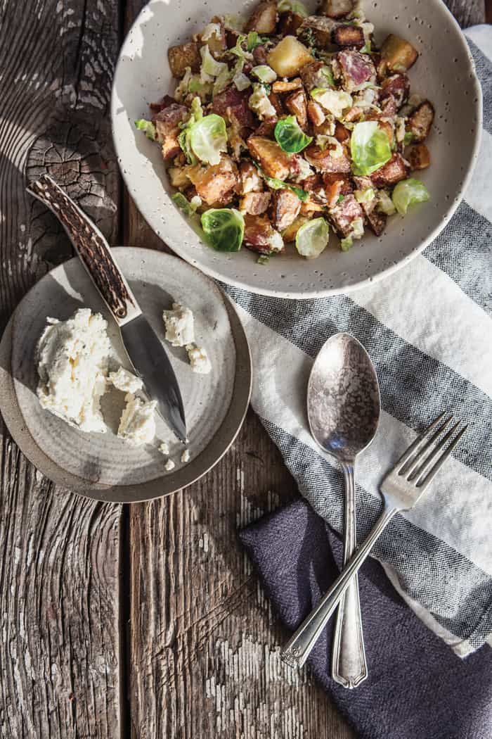 Roasted Potato and Brussels-Sprout-Salad with Bacon and Boursin