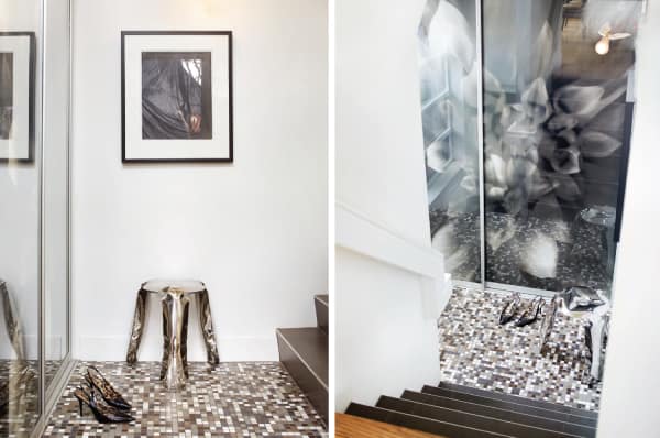 Welcome to the Funhouse | Quirky details give this designer home plenty of personality. The stainless steel Hay stool (top left) is great eye candy in the mosaic-tiled hallway, but doubles as extra seating during high-capacity dinner parties.