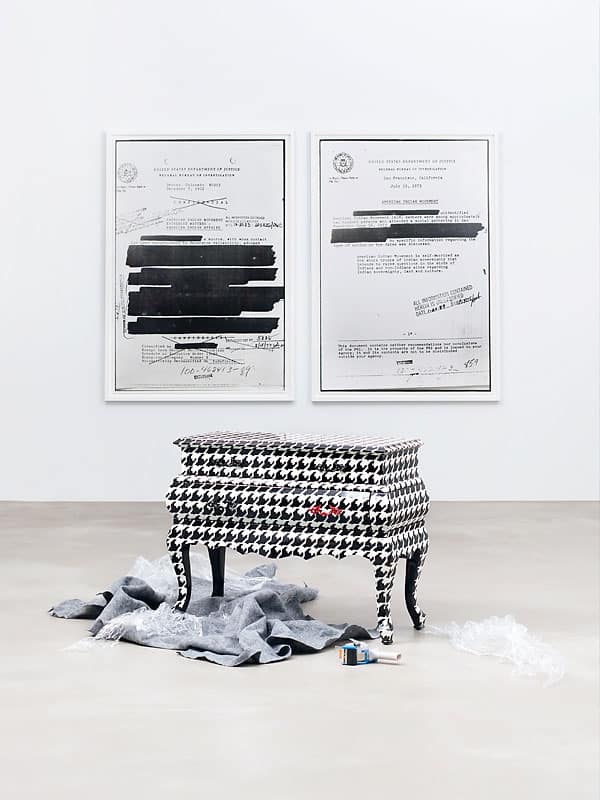 Houndstooth chest by Seletti ($1,450), seletti.com. Aim #2 (left, $7,000) and Aim #3 (right, $7,000) by Dana Claxton.