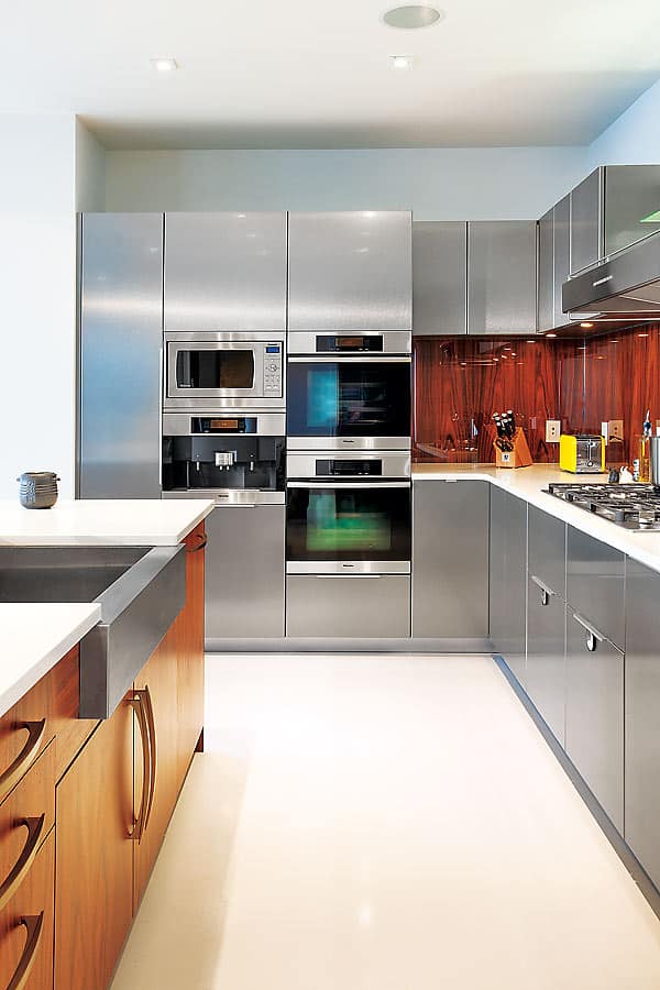 The kitchen’s all-stainless look was inspired by pop star Adam Levine.