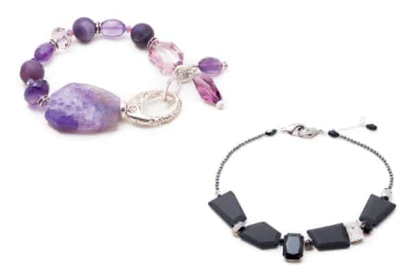 Crown Jewels | The violet-hued Martine (left) pairs fire agate with amethyst; the onyx-laden Madeleine necklace (right) can clip into a chain belt. Photos by Bretton Dyte Photography. 