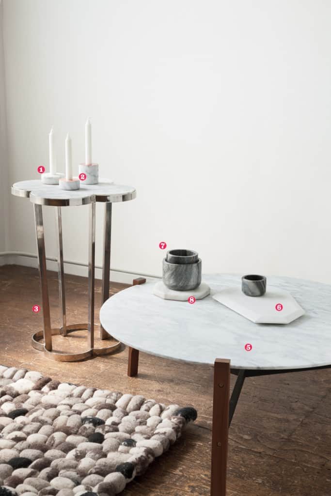 Our expert stylist shows off the rule of thirds with this marble trend setup. See the three candles and three bowls? (Photo by Eydís Einarsdóttir. Produced by Nicole SjÖstedt.)