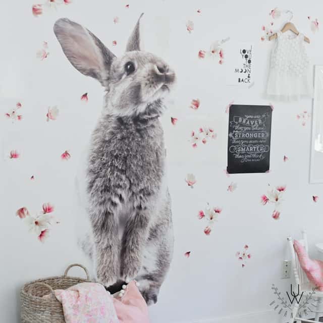One key bunny decal is enough, there's no need to go full rabbit in the bedding, the pillows and all over the walls. (Photo uwdecals.com.)