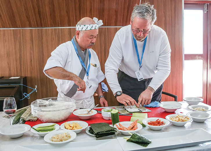 A sushi class from Chef Tojo, aboard the ship. (Photo: L. Narraway.)