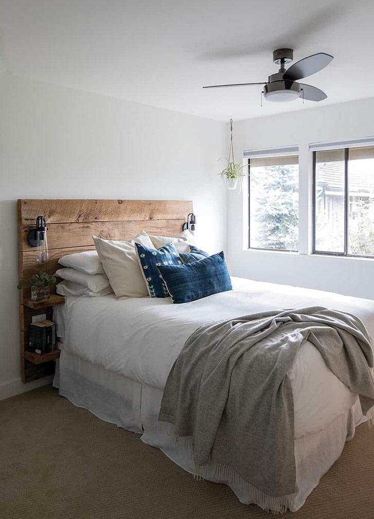 Modern bedroom with barn board headboard