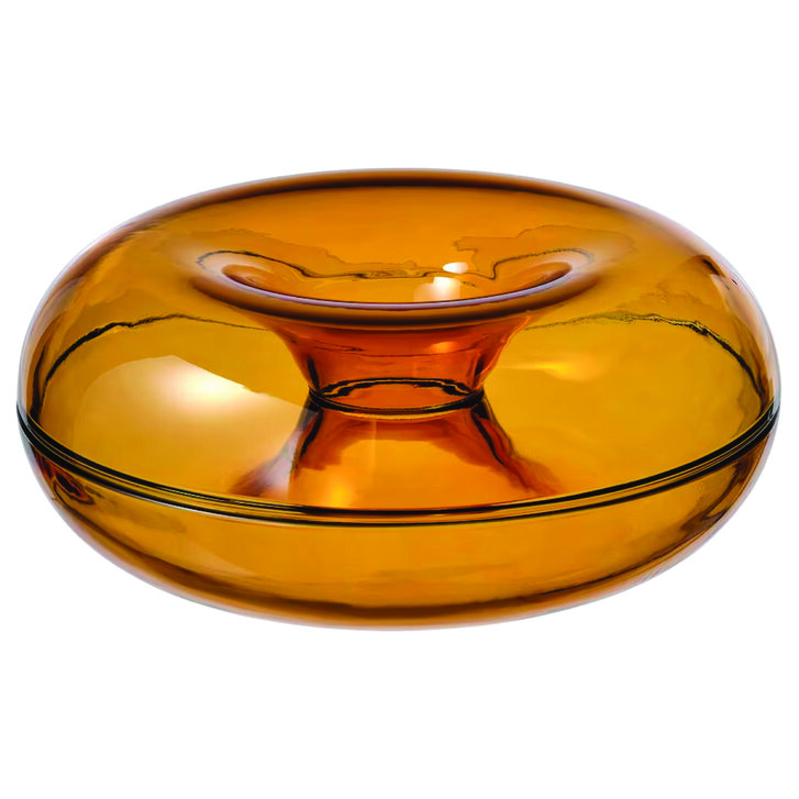 Orange donut-shaped transparent bowl with lid